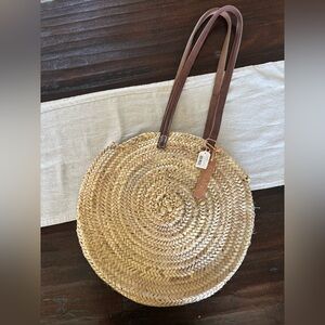 New, French Basket Round Natural Straw Tote with Brown Leather Straps ✨